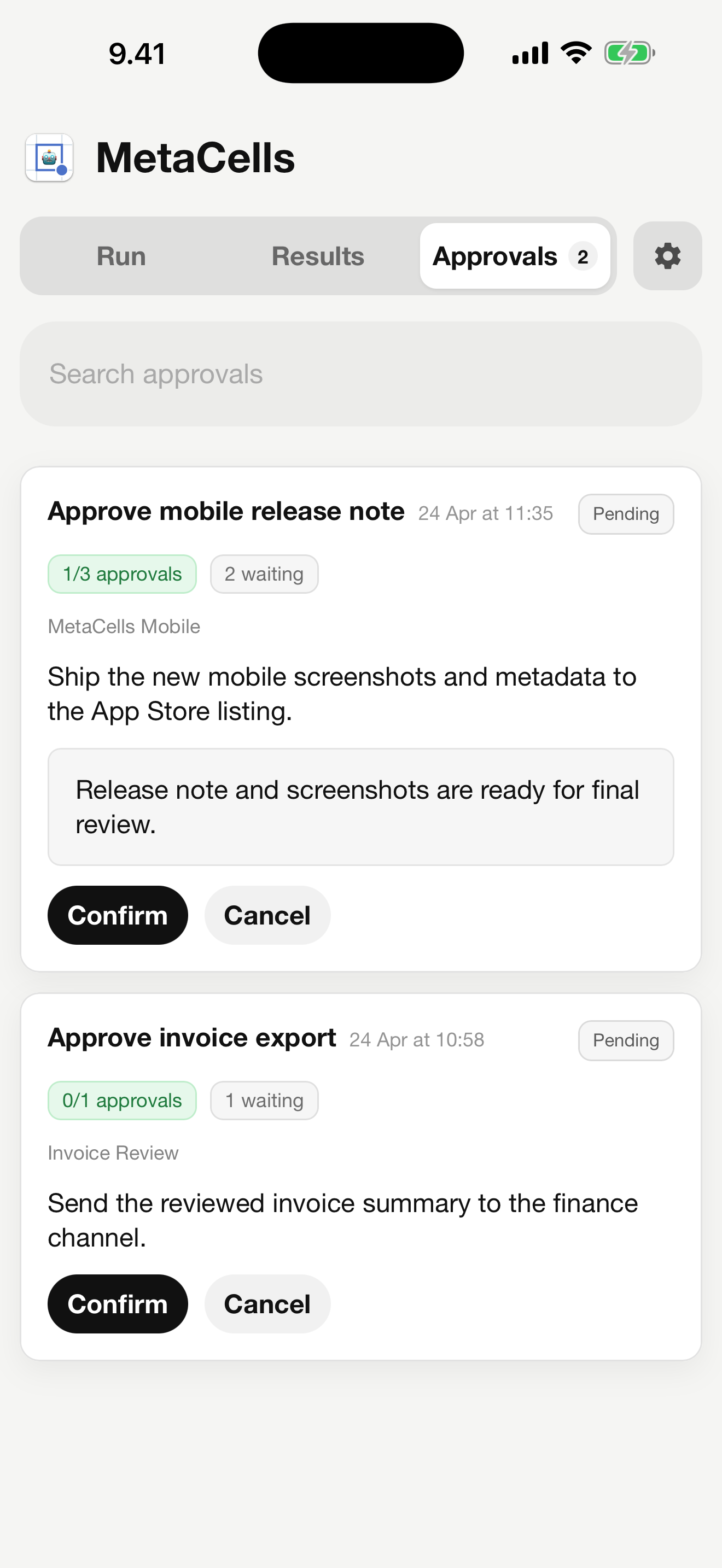 MetaCells mobile approvals simulator screenshot